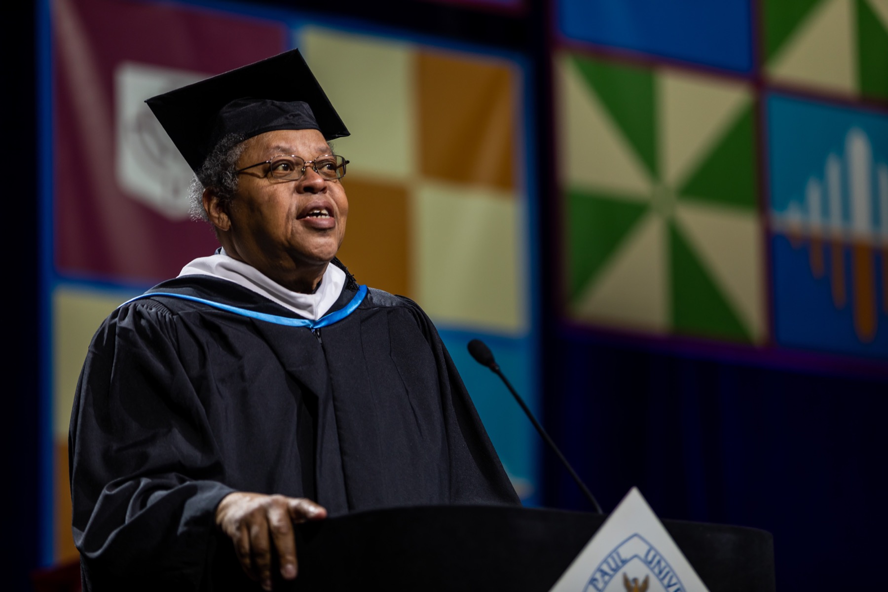 George E. Lewis, musical performer, and composer, addressed the graduates of the School of Music and College of Science and Health.